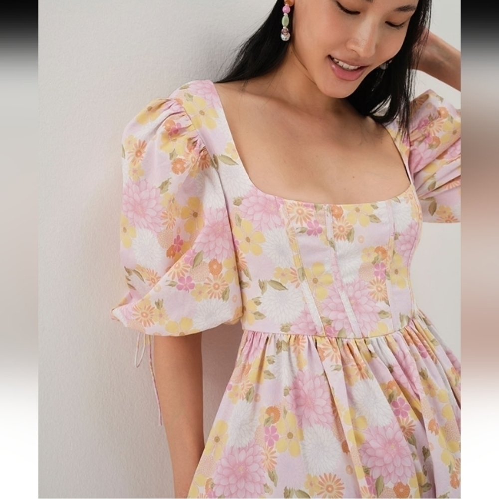 For Love And Lemons Carrie Floral Puff Sleeve Midi Dress NWT Size Small